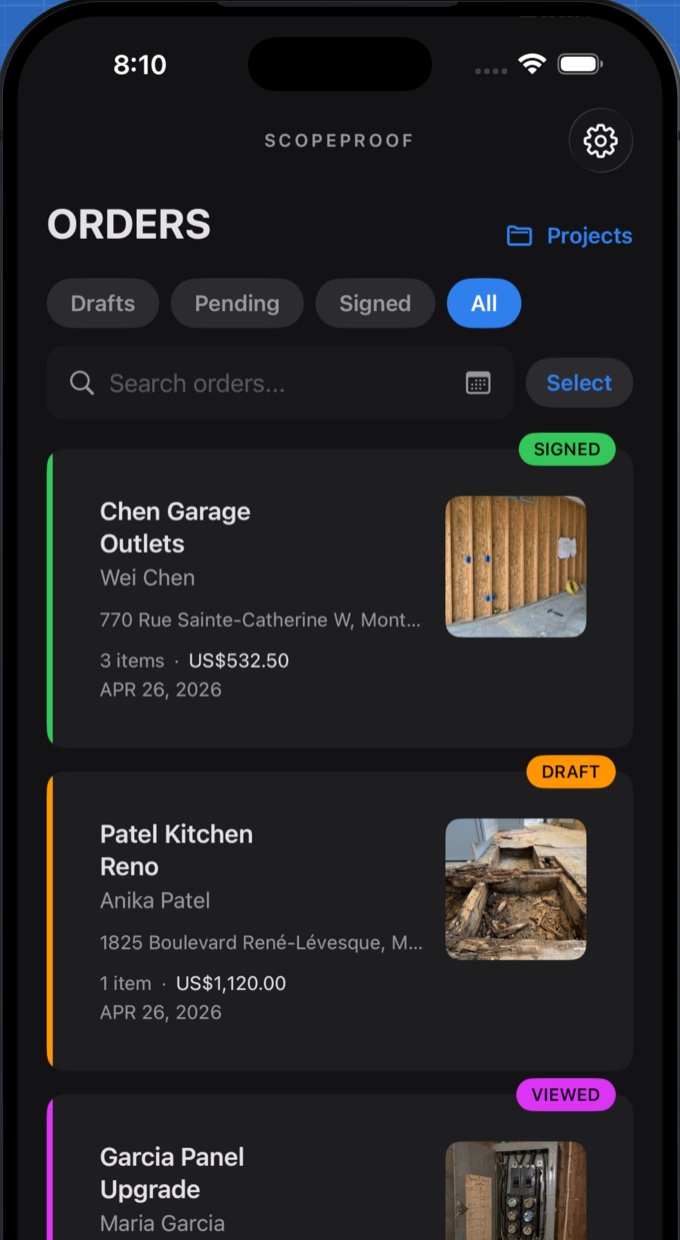 ScopeProof change order app on iPhone showing a list of signed, draft, and viewed change orders