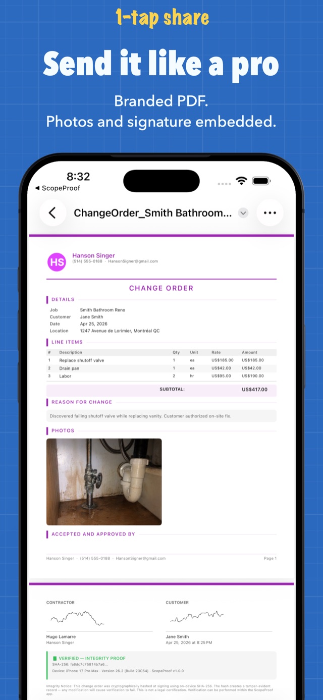 Branded change order PDF with line items, photos, and signatures embedded