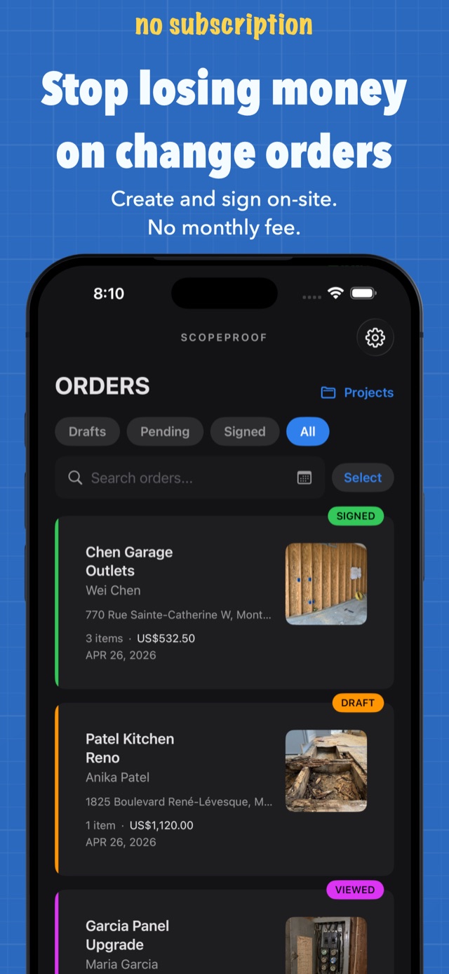 Change order app for contractors — orders list on iPhone with signed, draft, and viewed statuses