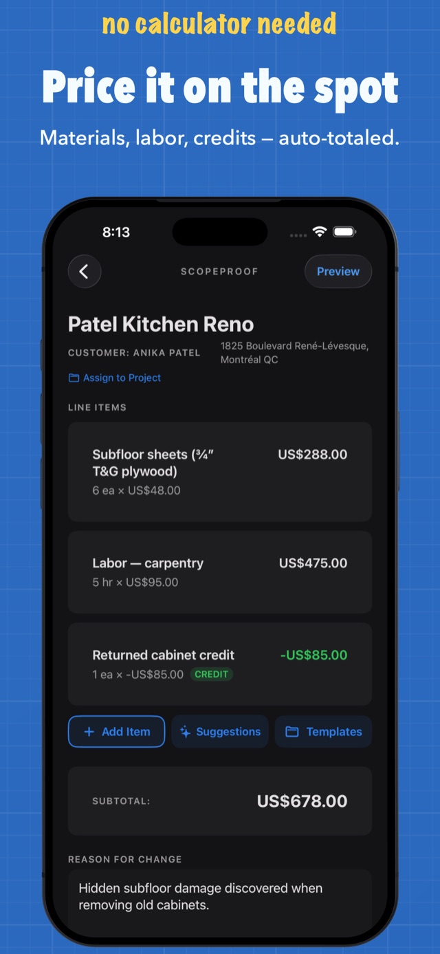 Change order line item editor with materials, labor, and credits auto-totaled