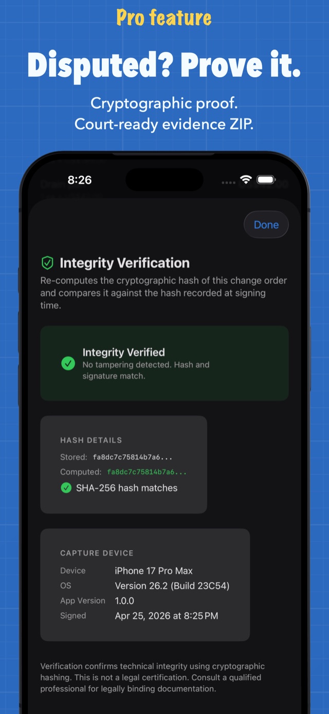 Dispute-proof integrity verification with SHA-256 cryptographic hash match