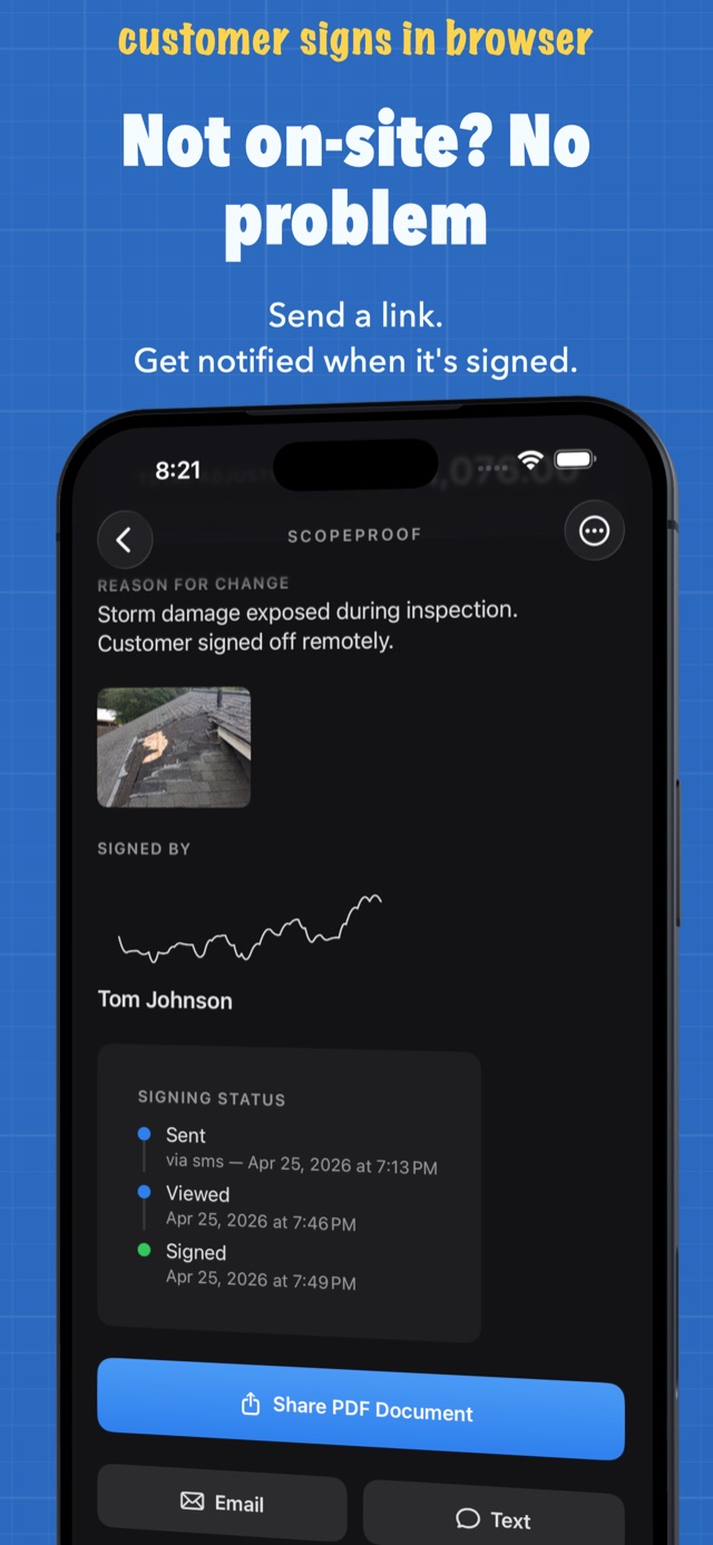 Remote change order signing status showing sent, viewed, and signed timeline