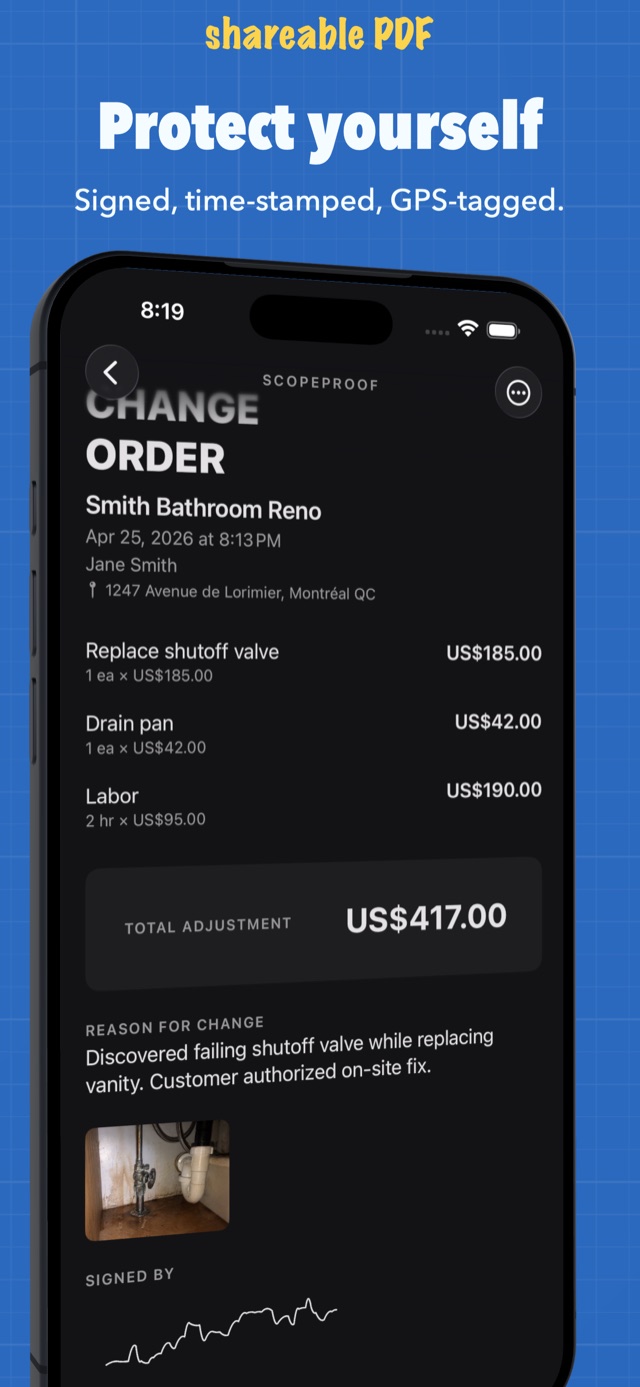 Signed change order with GPS location and timestamp for proof